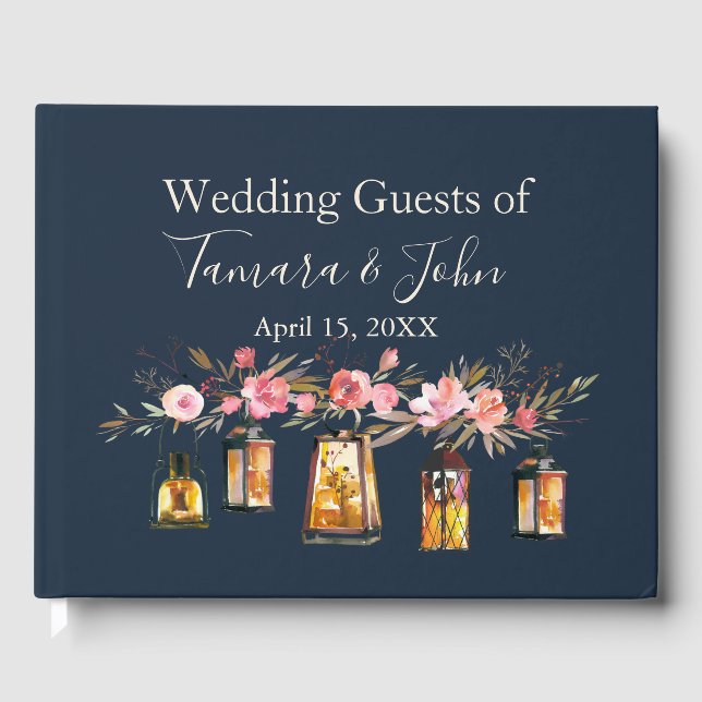 Rustic Romantic Navy Blue Coral Floral Wedding Guest Book (Front)