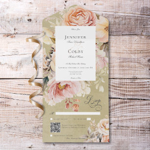 Rustic Romantic Pink & Blush Roses Green QR Code All In One Invitation