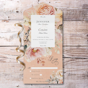 Rustic Romantic Pink & Blush Roses Peach No Dinner All In One Invitation