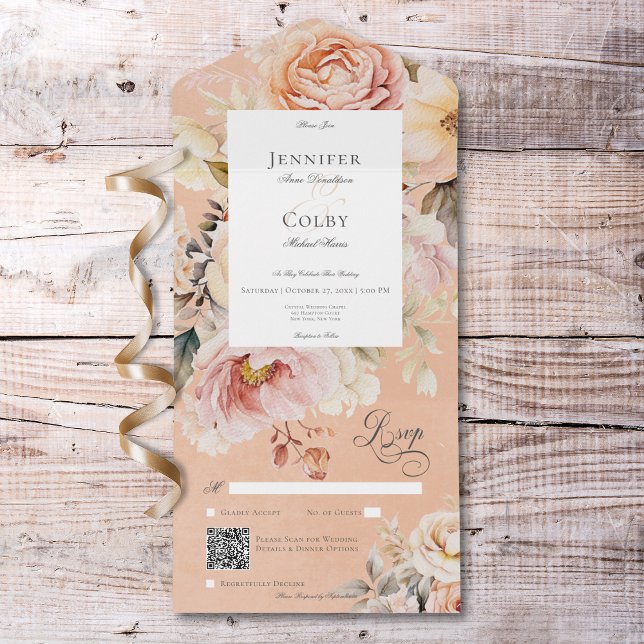 Rustic Romantic Pink & Blush Roses Peach QR Code All In One Invitation (Rustic Romantic Pink & Blush Roses Peach QR Code All In One Invitation)