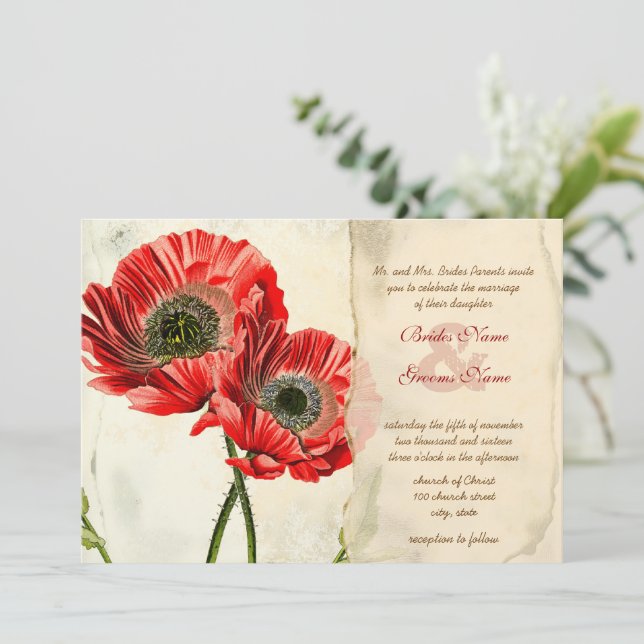 Rustic Romantic Red Poppy Wedding Invitations (Standing Front)