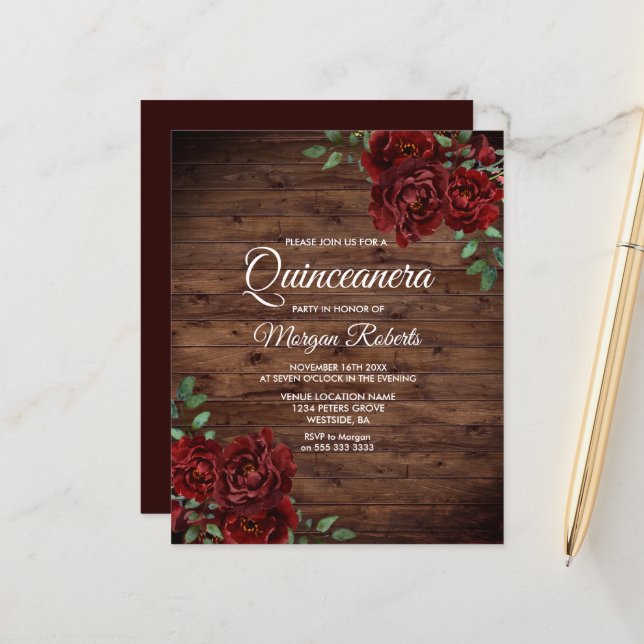 Rustic Romantic Red Rose Quinceanera Budget Invite (Front/Back In Situ)