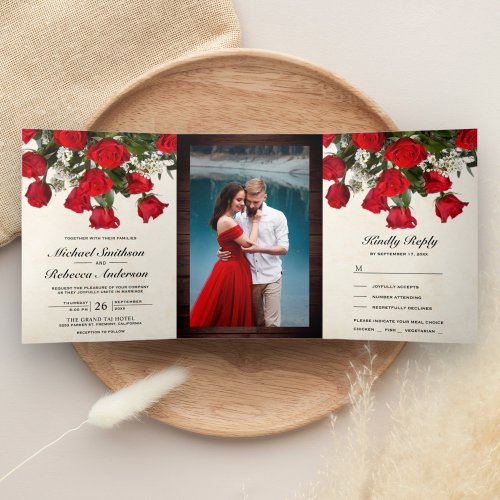 Rustic Romantic Red Roses Bouquet Photo Wedding Tri_Fold Invitation