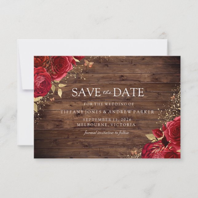 Rustic Romantic Red Roses Gold Floral Wedding Save The Date (Front)