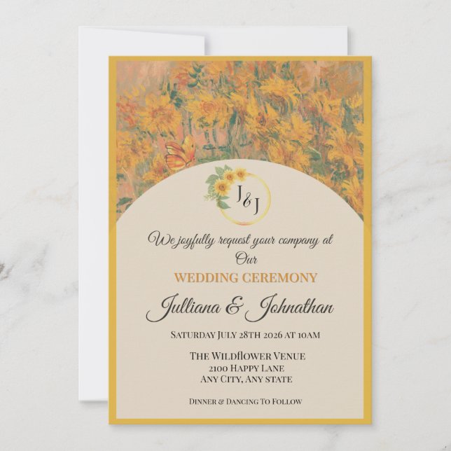 Rustic romantic sunflower wedding invitation (Front)