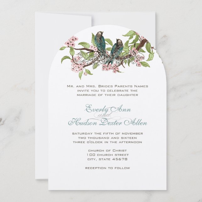 Rustic Romantic Teal Love Bird Pink Teal Wedding Invitation (Back)