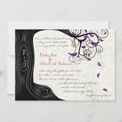 Rustic Romantic Tree Purple Birds Wedding Personalized Announcements