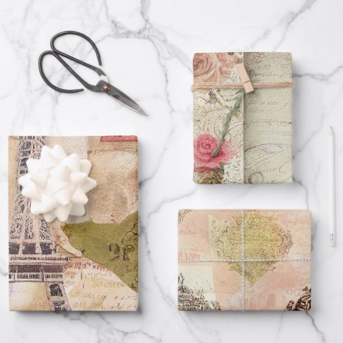 Rustic Romantic Vintage Paris Wrapping Paper Sheets