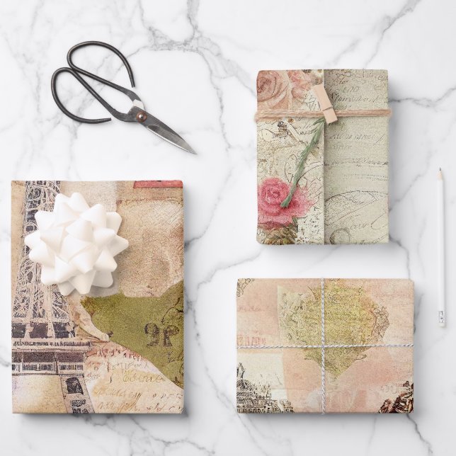 Rustic Romantic Vintage Paris Wrapping Paper Sheets (Front)