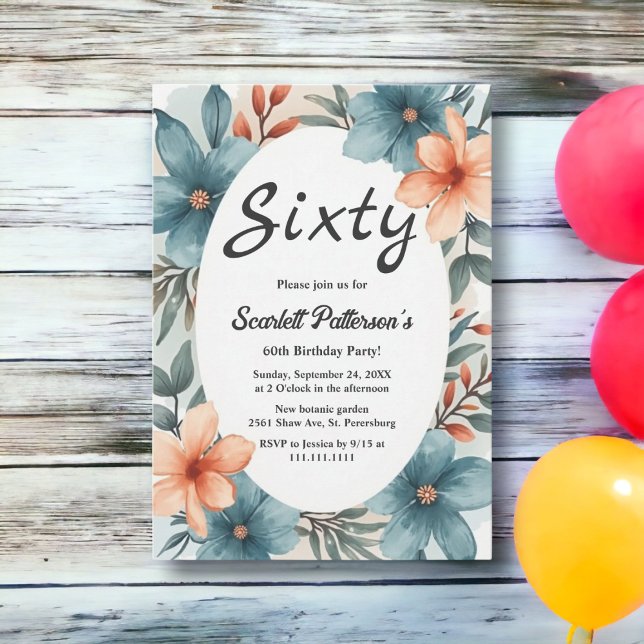 Rustic Romantic Watercolor Floral 60th Birthday Invitation (Creator Uploaded)
