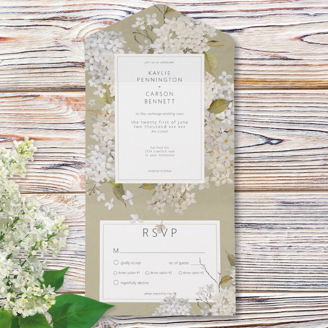 Rustic Romantic White Lilacs on Sage Dinner All In One Invitation (Rustic Romantic White Lilacs on Sage Dinner All In One Invitation)