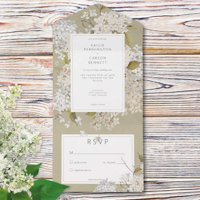 Rustic Romantic White Lilacs on Sage No Dinner All In One Invitation (Rustic Romantic White Lilacs on Sage No Dinner All In One Invitation)
