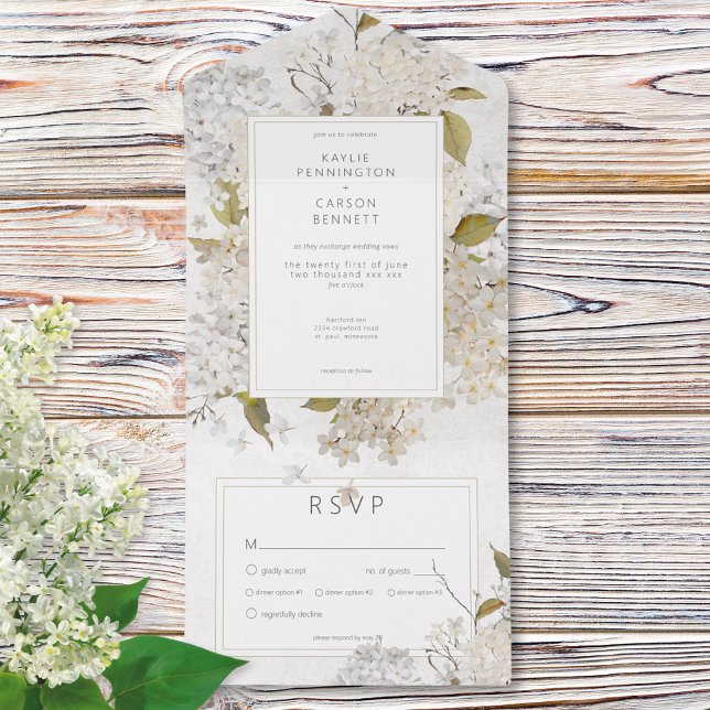 Rustic Romantic White Lilacs on White Dinner All In One Invitation (Rustic Romantic White Lilacs on White Dinner All In One Invitation)