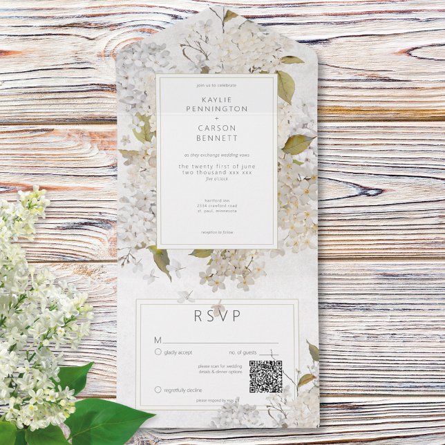 Rustic Romantic White Lilacs on White QR Code All In One Invitation (Rustic Romantic White Lilacs on White QR Code All In One Invitation)