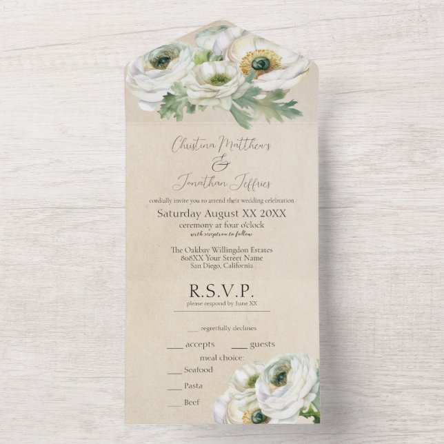 Rustic Romantic White Ranunculus All In One Invitation (Inside)