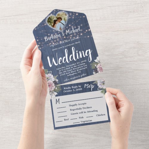 Rustic Romantic Wood Twinkle Lights Photo Floral   All In One Invitation