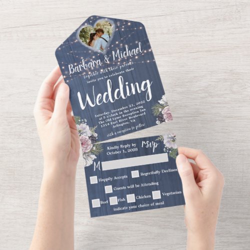 Rustic Romantic Wood Twinkle Lights Photo Floral   All In One Invitation