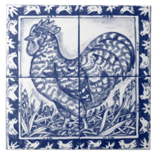 Rustic Rooster Blue White Delft Dedham Vintage Ceramic Tile