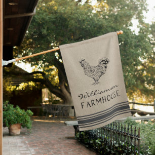 Rustic Rooster Burlap Farmhouse Style Family Name House Flag