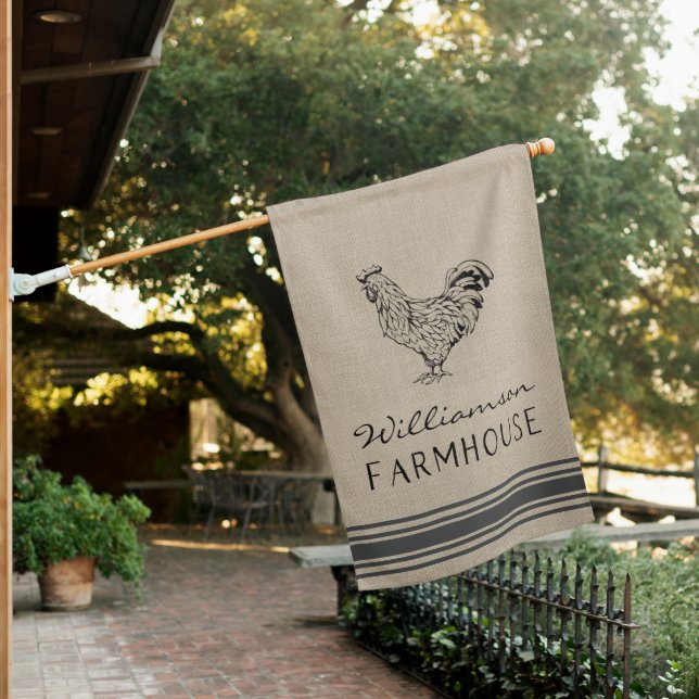 Rustic Rooster Burlap Farmhouse Style Family Name House Flag (In SItu)