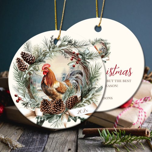 Rustic rooster farm animal Christmas pine wreath Ceramic Ornament