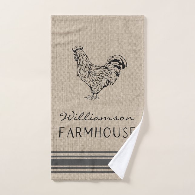 RUSTIC ROOSTER FARMHOUSE FAMILY NAME BURLAP HAND TOWEL  (Hand Towel)