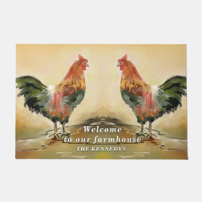 Rustic Rooster Farmhouse Welcome Doormat (Front)