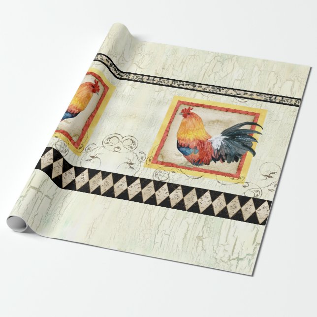 Rustic Rooster Watercolor Harlequin Wood Decoupage Wrapping Paper (Unrolled)