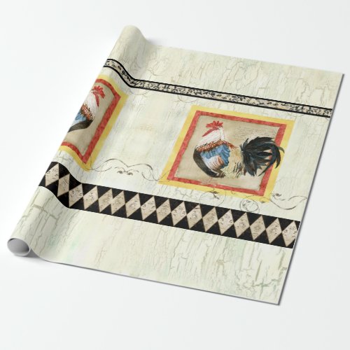 Rustic Rooster Watercolor Harlequin Wood Decoupage Wrapping Paper