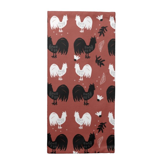 Rustic Roosters Farm Hand Drawn Pattern Cloth Napkin (Half Fold)