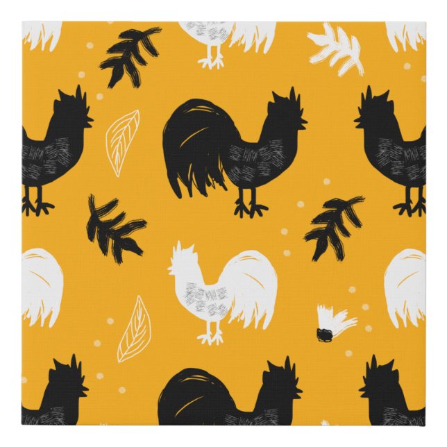 Rustic Roosters Farm Hand Drawn Pattern Faux Canvas Print (Front)