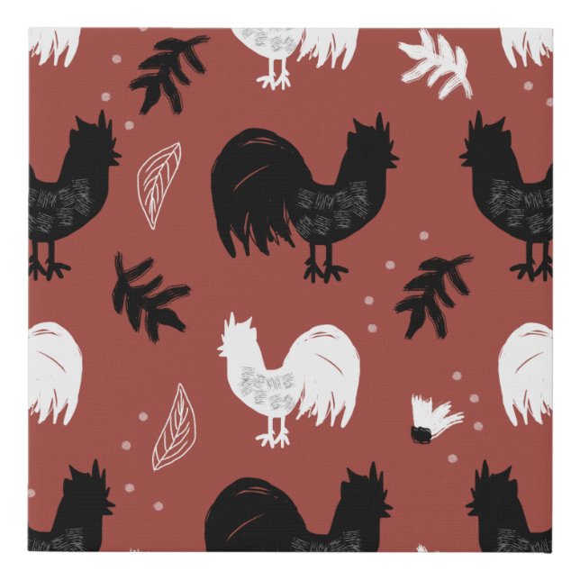 Rustic Roosters Farm Hand Drawn Pattern Faux Canvas Print (Front)