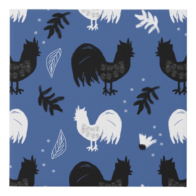 Rustic Roosters Farm Hand Drawn Pattern Faux Canvas Print (Front)