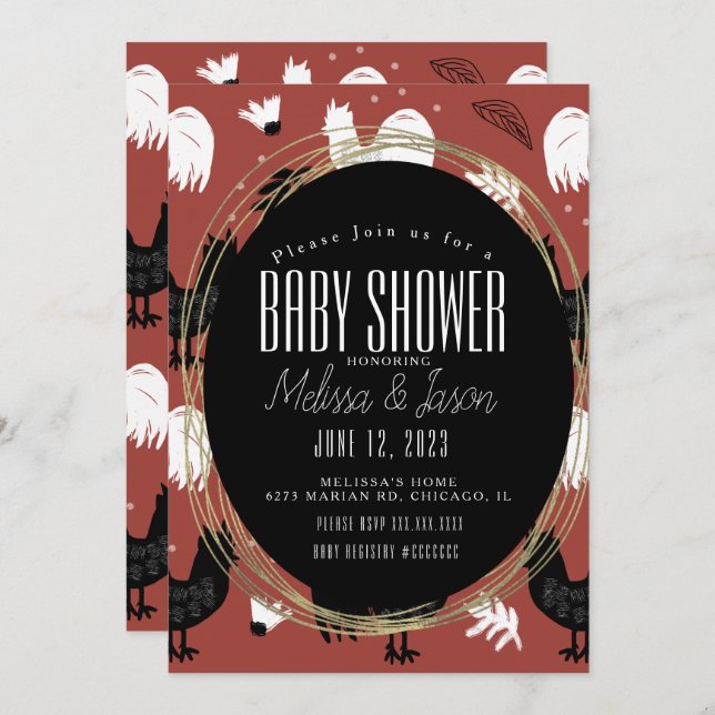 Rustic Roosters Farm Hand Drawn Pattern Invitation (Front/Back)