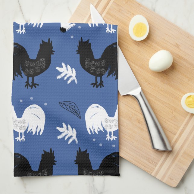 Rustic Roosters Farm Hand Drawn Pattern Kitchen Towel (Quarter Fold)