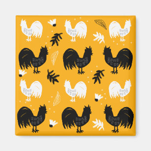 Rustic Roosters Farm Hand Drawn Pattern Magnet