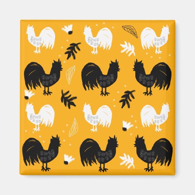 Rustic Roosters Farm Hand Drawn Pattern Magnet (Front)