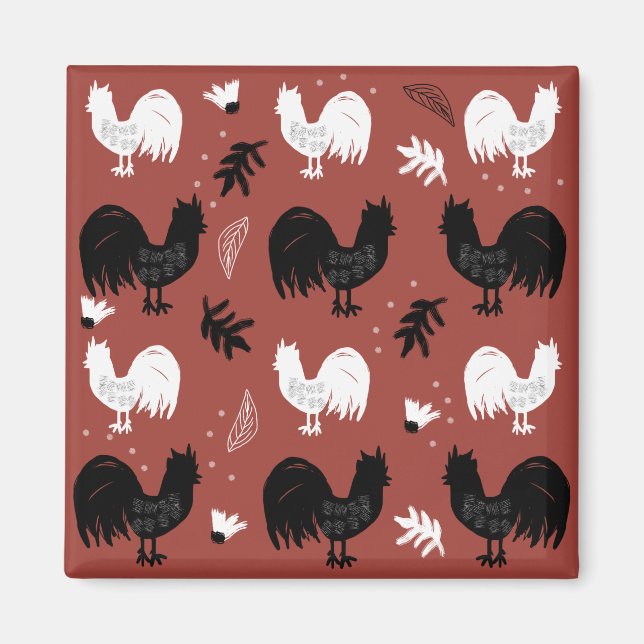 Rustic Roosters Farm Hand Drawn Pattern Magnet (Front)