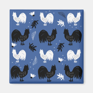 Rustic Roosters Farm Hand Drawn Pattern Magnet