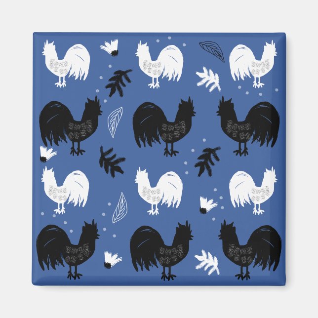 Rustic Roosters Farm Hand Drawn Pattern Magnet (Front)