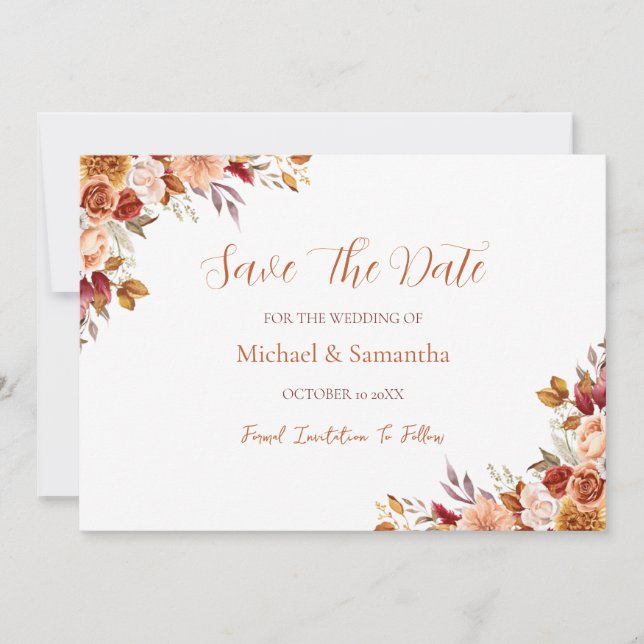 Rustic Rose and Chrysanthemum Fall Wedding Save The Date (Front)