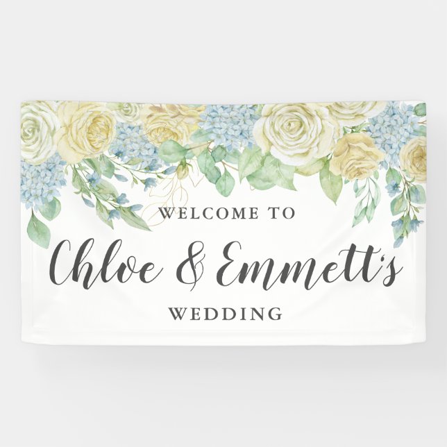 Rustic Rose and Hydrangea Floral Wedding Banner (Horizontal)
