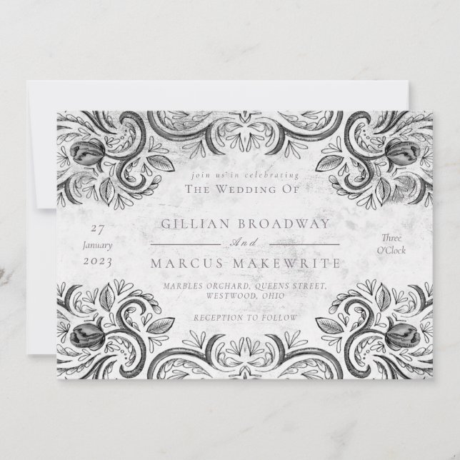 Rustic Rose black and white Invitation (Front)