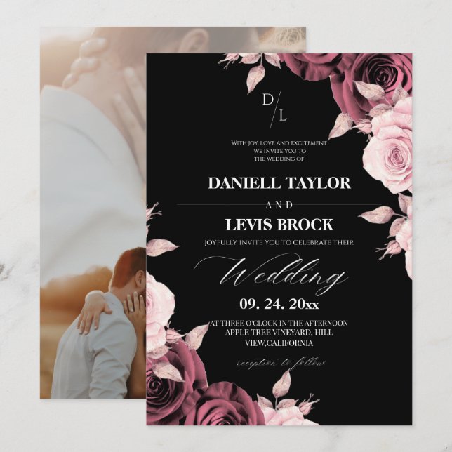 Rustic Rose Blush Pink Floral Black Wedding  Invitation (Front/Back)