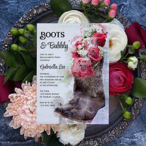 Rustic Rose Boots and Bubbly Bachelorette Party Invitation