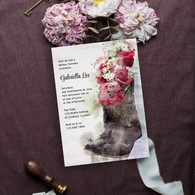 Rustic Rose Cowboy Boots Watercolor Bridal Shower  Invitation (Creator Uploaded)