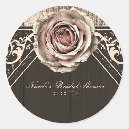 Rustic Rose Elegant Light Wood Diamond Favor Classic Round Sticker