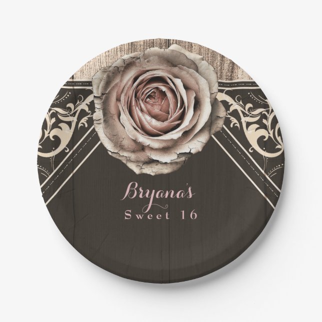 Rustic Rose Elegant Light Wood Diamond Party Paper Plates (Front)