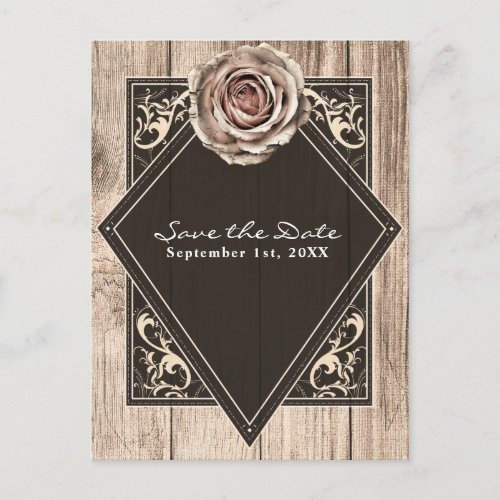 Rustic Rose Elegant Wood Diamond Save the Date Announcement Postcard