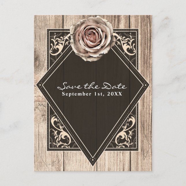 Rustic Rose Elegant Wood Diamond Save the Date Announcement Postcard (Front)